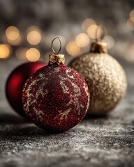 Elegant Red and Gold Glitter Christmas Ornaments on a Dull Background