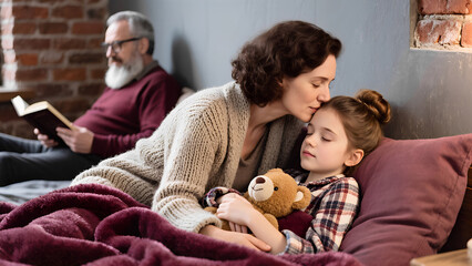 A woman is laying down with a child and a teddy bear
