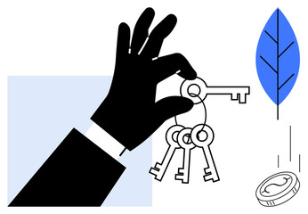 Hand holding multiple keys, falling coin, and blue leaf symbolizing opportunity, wealth, growth, security, and sustainability. Ideal for finance, investment ecology real estate management wealth