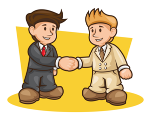 Two Cartoon Businessmen Shaking Hands on a Transparent Background in Gray Suit with Red Tie and Beige Suit Illustration