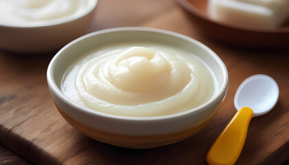 A white bowl of cream is sitting on a wooden table
