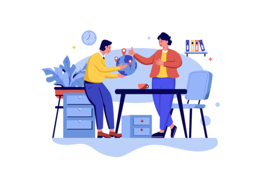 Two Business People Collaborating with Globe on Desk in Bright Office with Clock and Blue Accents on Transparent Background Vector Illustration