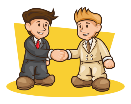 Two Cartoon Businessmen Shaking Hands on a Transparent Background in Gray Suit with Red Tie and Beige Suit Illustration - Powered by Adobe