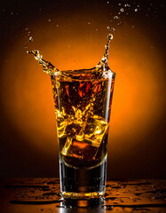 A glass of liquor with ice cubes in it