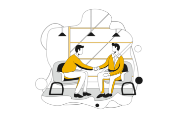 Two Men Handshake Agreement with Yellow Outfits on Chairs Illustration on Transparent Background