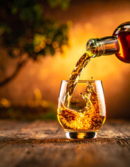 A glass of liquid is pouring into a glass