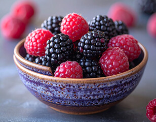 A purple bowl filled with black and red berries