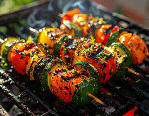 A skewer of vegetables is on a grill