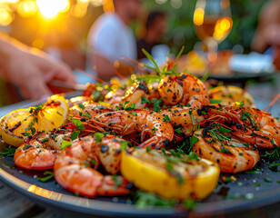 A plate of shrimp and lemon slices
