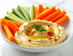 A bowl of hummus with carrots and cucumbers