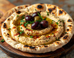 A plate of hummus and pita bread
