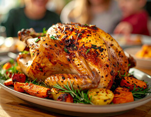 A large roasted turkey with a variety of vegetables on top of it