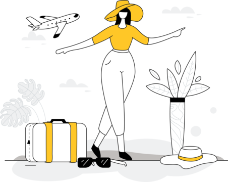 Tourist Girl with Yellow Accents Airplane and White Luggage on Transparent Background - Powered by Adobe
