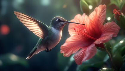 A hummingbird is hovering over a pink flower