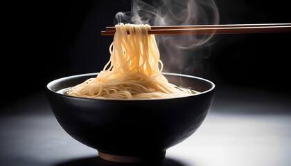 A bowl of noodles with a wooden chopstick in it