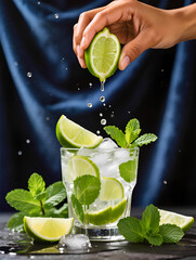 A person is pouring lime juice into a glass