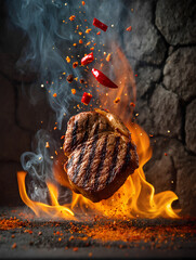 A piece of meat is on a grill and is surrounded by peppers and spices