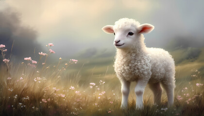 A white sheep is standing in a field of flowers