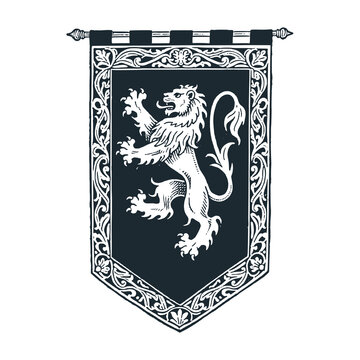 Medieval war banner with lion rampant on a black field &ndash; Black and White Icon Vector and Illustration
