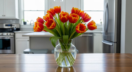 Bright tulips in a clear vase on a kitchen table.