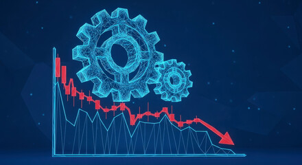Graph with gears and downward trend line.