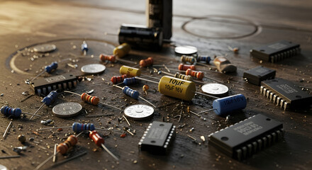 A scattered collection of electronic components and coins on a textured wooden surface in warm lighting