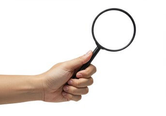 Hand holding magnifying glass for detailed inspection.