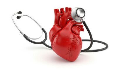 3D heart model with stethoscope on white background.