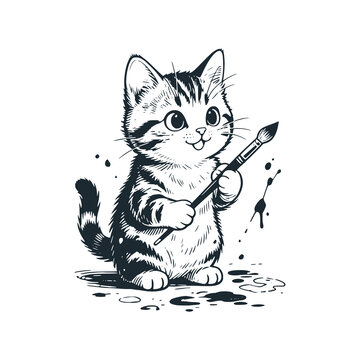 Adorable kitten as peinter &ndash; Black and White Icon Vector and Illustration