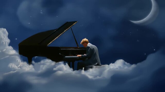 Man playing piano on clouds under a crescent moon in a starry sky