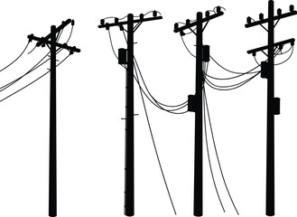 Silhouette utility poles with crossarms, insulators, transformers, electrical components, power lines, energy distribution system, urban infrastructure, electricity grid illustration