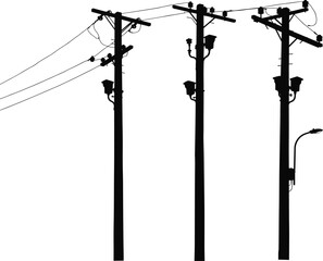 Silhouette utility poles with crossarms, insulators, transformers, streetlights, electrical components, power lines, energy distribution system, urban infrastructure illustration