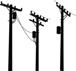 Silhouette utility poles with transformers, crossarms, insulators, electrical components, power lines, energy distribution system, urban infrastructure, electricity grid illustration