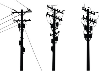 Silhouette utility poles with transformers, crossarms, insulators, electrical components, power lines, energy distribution system, urban infrastructure, electricity grid illustration