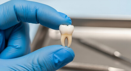 Gloved hand holding extracted tooth in clinic.