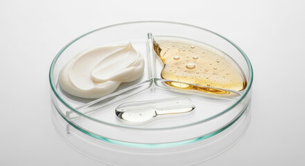 Close-up of skincare products in a glass dish.