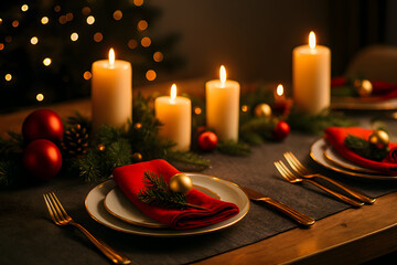 Luxury Christmas Dinner Table with Candles and Ornaments &ndash; Festive Holiday Celebration Scene