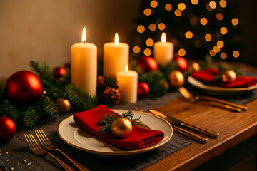 Luxury Christmas Dinner Table with Candles and Ornaments &ndash; Festive Holiday Celebration Scene