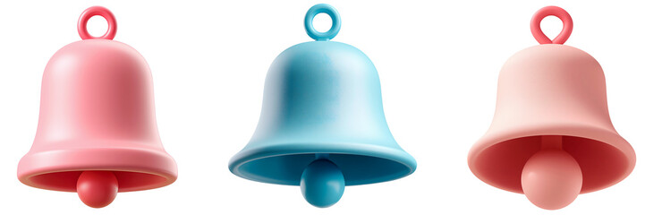 Three Colorful 3d Rendered Pastel Bells on a Clean Transparent Background