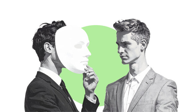 Business Scam Trust Disguise Concept – Two Men Meeting, One has mask