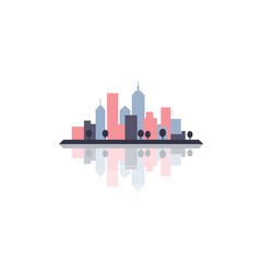 Naklejka premium Minimalist Geometric Cityscape Silhouette with Water Reflection and Pastel Color Theme