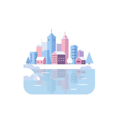 Obraz premium Flat Style Winter Cityscape with Building Reflection and Snow Landscape Illustration
