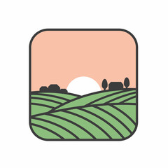 Modern Line Art Landscape Farm with Sunrise Icon in Square Frame