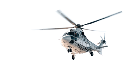 Modern military helicopter in flight isolated on transparent background