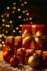 Christmas Gift Boxes with Red Ribbons &ndash; Cozy Festive Winter Holiday Scene with Snow and Lights