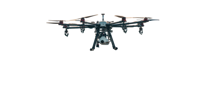 Advanced hexacopter drone with intricate design isolated on transparent background