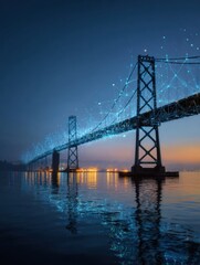 Fototapeta premium Bridge Illuminated by Digital Lights Over Water at Dusk, Showcasing Vibrant Colors and Reflections Against the Skyline