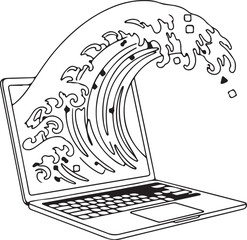 Conceptual Illustration of a Massive Data Wave Crashing Out of a Laptop Screen, Symbolizing Information Overload.