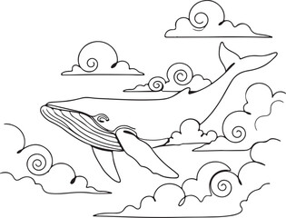  Conceptual Line Art Illustration of a Magnificent Whale Soaring Through Celestial Clouds Under the Night Sky