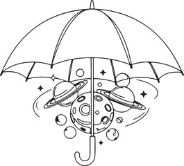  Conceptual Line Art Showing an Open Umbrella Protecting the Moon and Several Rings of Planets in Space